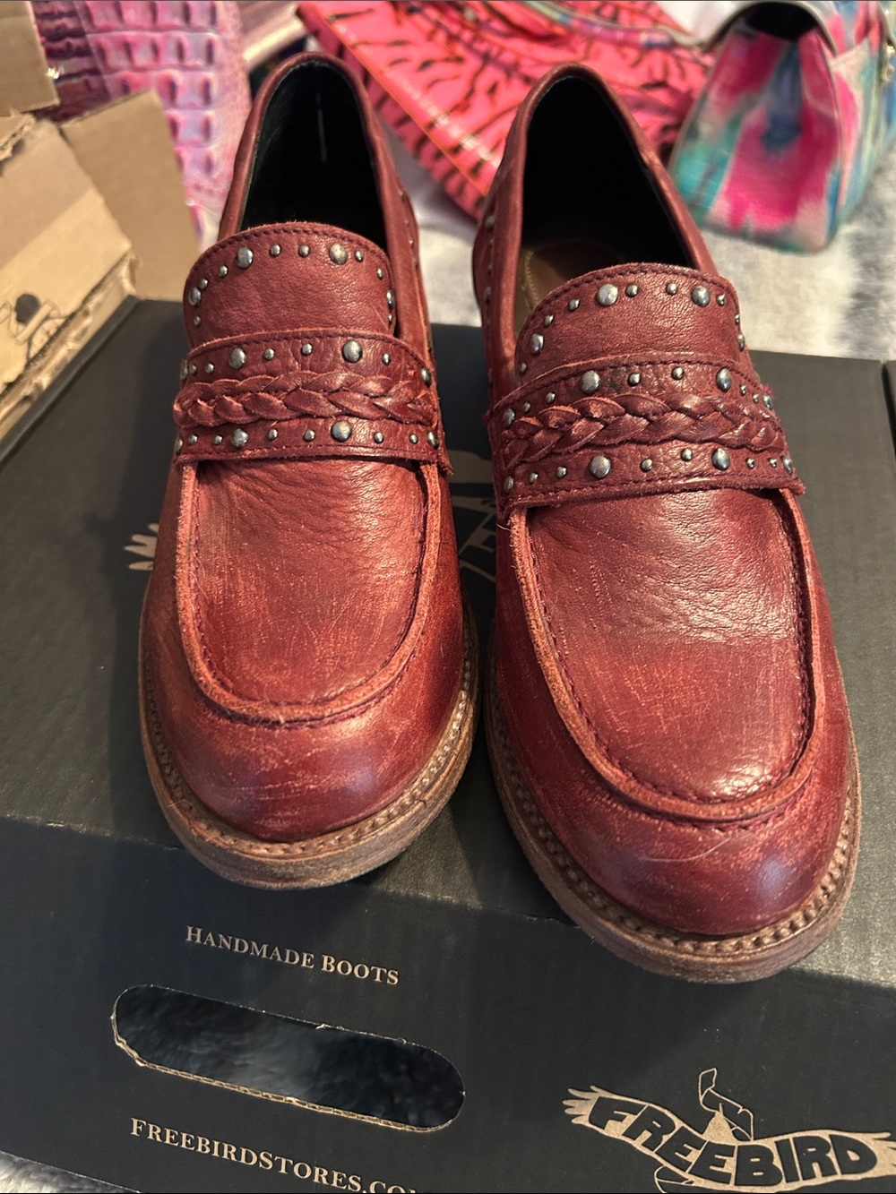 freebird Men's Red-Brown Leather Studded Braided Penny Loafers